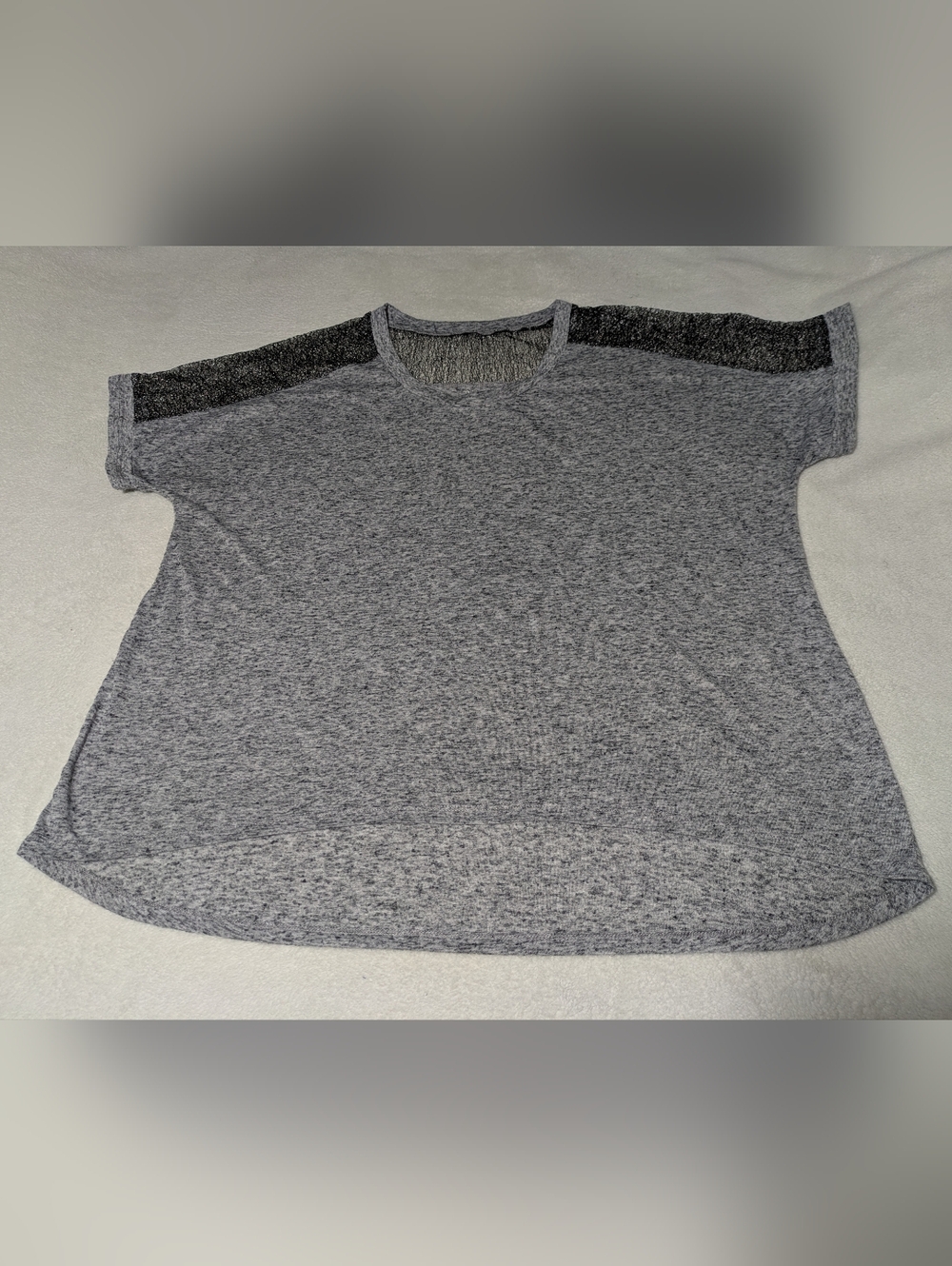 a.n.a Heather Gray Short Sleeve Top with Sparkly Lace Shoulders - Size XL